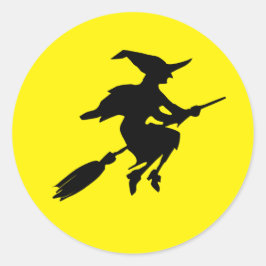 Gult Måne och Black Flies Witch Halloween Runt Klistermärke