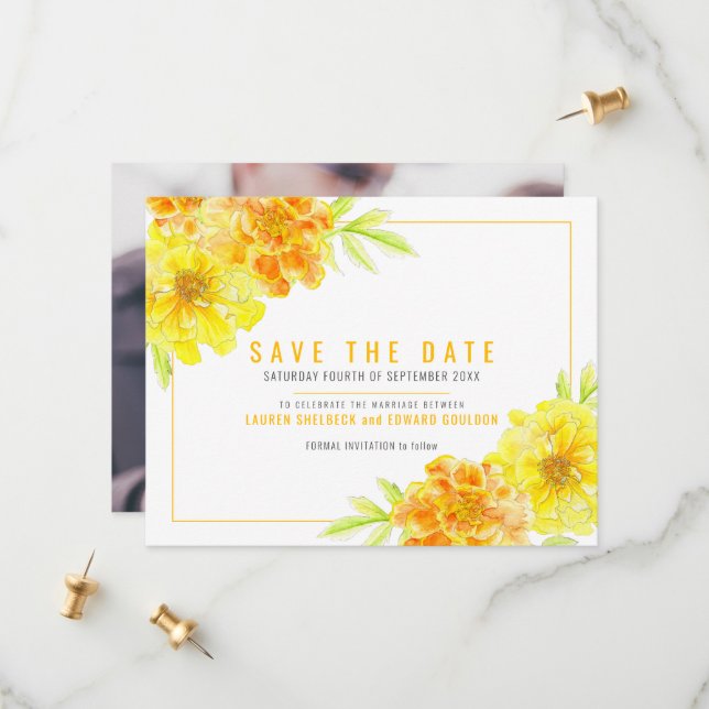 Gult Marigold blommigt vattenfärgsfoto bröllop Spara Datumet (Fram/Back In Situ)