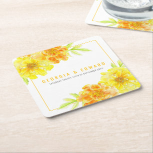 Gult marigold vattenfärgsblomma bröllop underlägg papper kvadrat