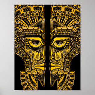 Gult Mayan Twillingars Mask Illusion on Black Poster