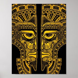 Gult Mayan Twillingars Mask Illusion on Black Poster