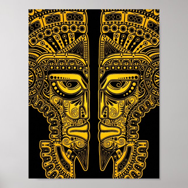 Gult Mayan Twillingars Mask Illusion on Black Poster (Framsidan)