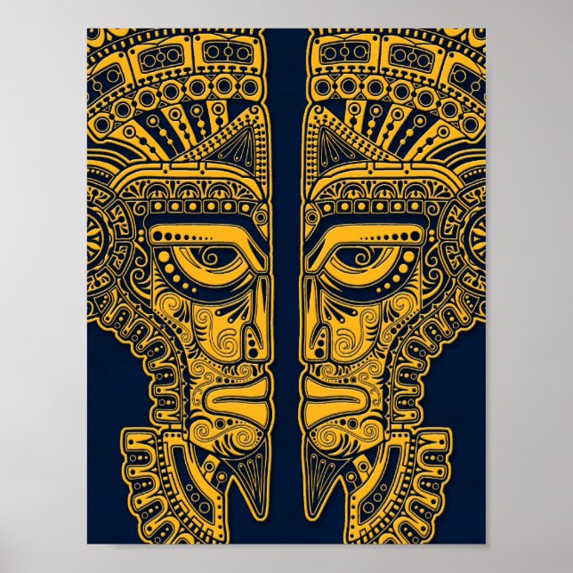 Gult Mayan Twillingars Mask Illusion på Blue Poster (Framsidan)