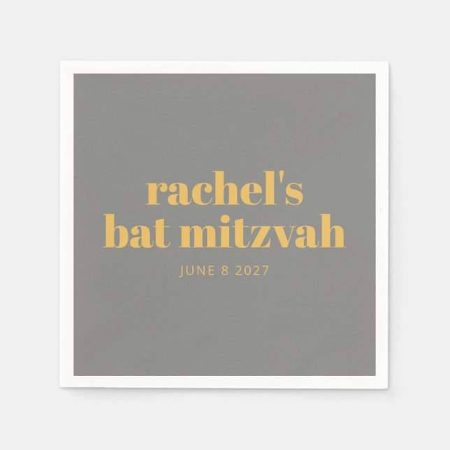 Gult med fetstil och Grått Bat mitzvah Namn Pappersservett (Framsidan)