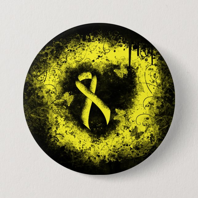 Gult Medvetenhet Ribbon Grunge Heart Knapp (Framsida)