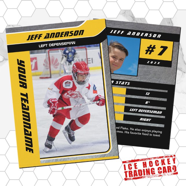 Gult Metall Ice Hockey Trading Card (Hockey Trading Card with custom team name and hockey player name in Yellow and Black)