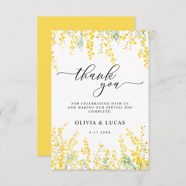 Gult Mimosa Rustic Golden Blommigt Vår bröllop Tack Kort (Fram/baksida)