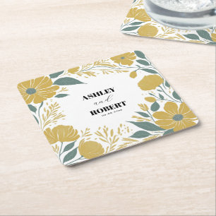 Gult Modern Blommigt Bröllop Underlägg Papper Kvadrat