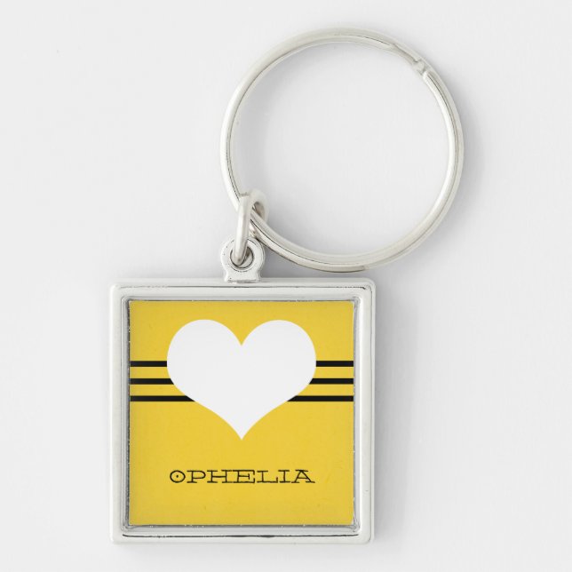 Gult Modern Heart Premium Keychain Fyrkantig Silverfärgad Nyckelring (Framsidan)