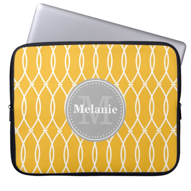 Gult Modern Lattice Mönster Grått Monogram Laptop Sleeve (Framsidan)