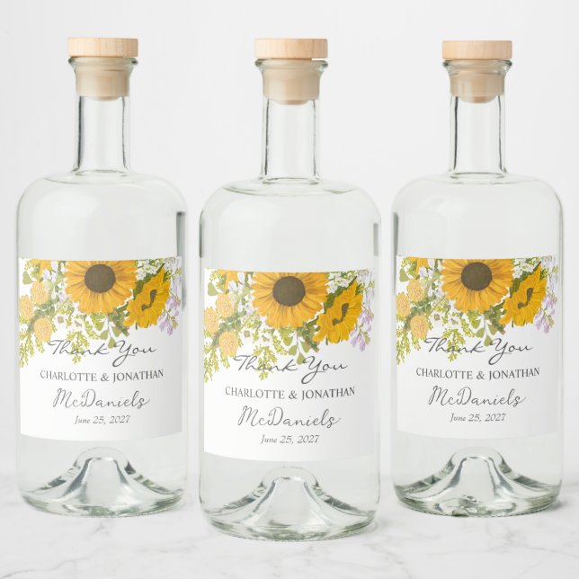 Gult Modern Sunblommor Bouquet Bröllop Spritflaskor Etikett (Flaskor)