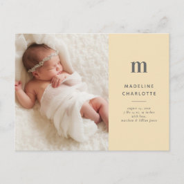 Gult Monogram 1-Photo Nyfödd bebis-meddelande Vykort