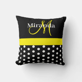 Gult Monogram Black med White Polka dots Kudde