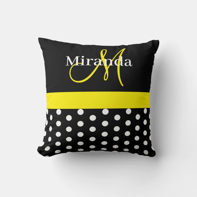 Gult Monogram Black med White Polka dots Kudde (Framsida)