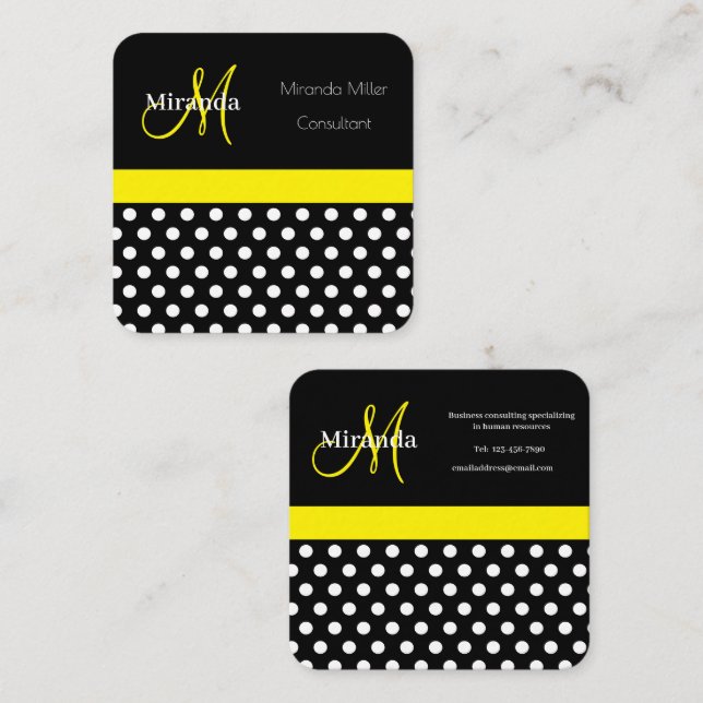 Gult Monogram Black White Polka Dot Fyrkantigt Visitkort (Fram/baksida)
