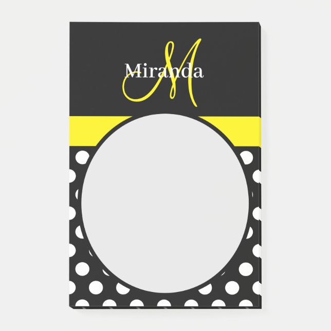 Gult Monogram Black White Polka Dot Post-it Block (Framsida)