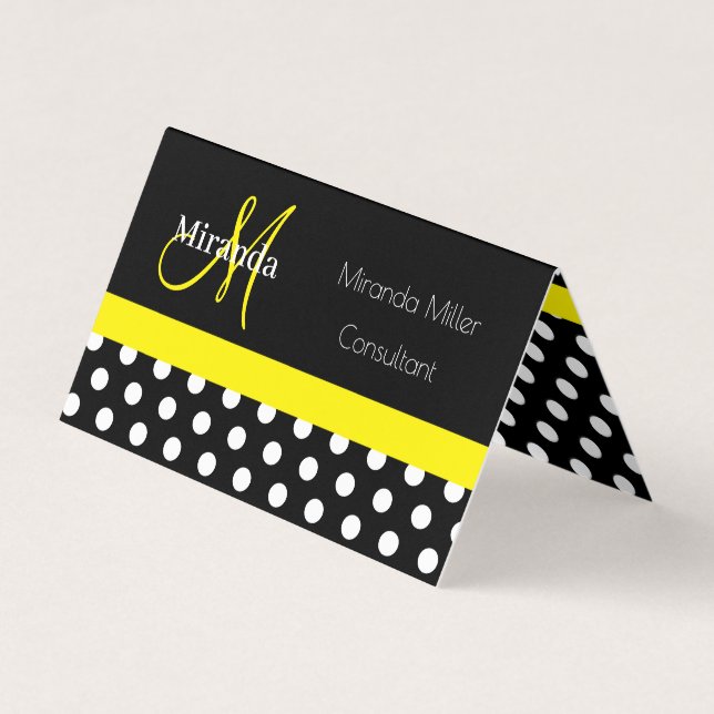 Gult Monogram Black White Polka Dot Visitkort (Framsida)