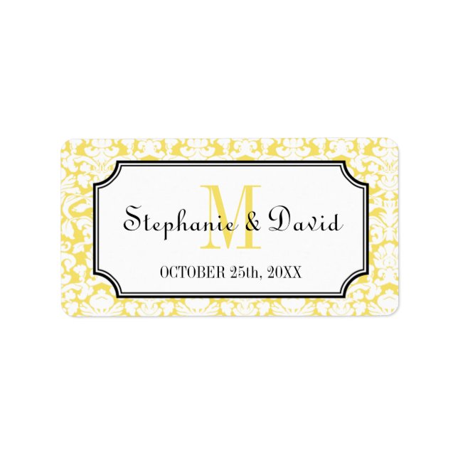 Gult monogram damm ram bröllopsförmån märkre adressetikett (Framsidan)