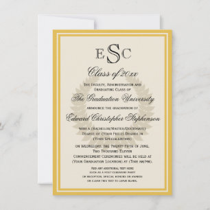 Gult Monogram Laurel Classic College Graduation Inbjudningar