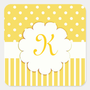 Gult Monogram med Polka dots och Rand Fyrkantigt Klistermärke
