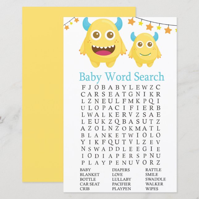 Gult Monster Baby Shower Ord Search-spel (Fram/baksida)