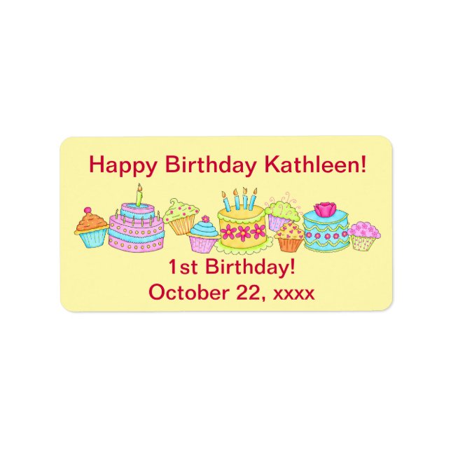 Gult Muffinsar /Cake Lycklig 1:a födelsedag Anpass Adressetikett (Framsidan)