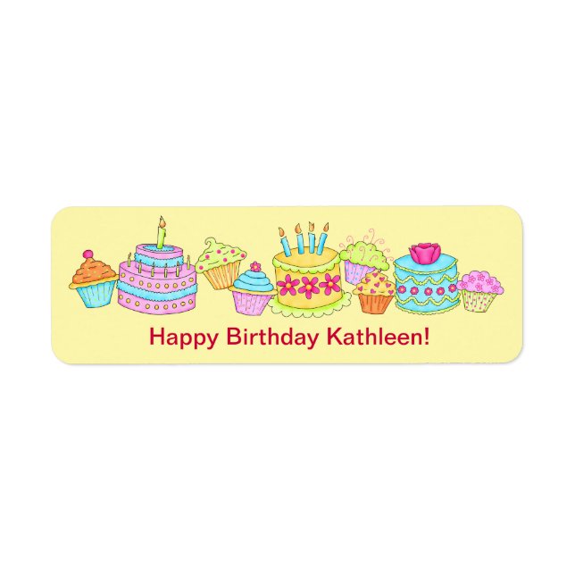 Gult Muffinss /Cake Grattis på födelsedagen Person Returadress Etikett (Framsidan)