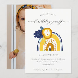 Gult Navy Blommigt Photo Rainbow Birthday Inbjudan