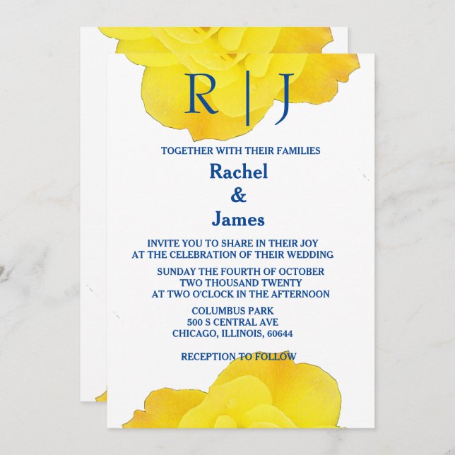 Gult Navy Blue Blommigt Ro Elegant Coola Bröllop Inbjudningar (Fram/baksida)