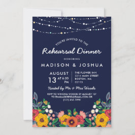 Gult Navy Boho Blommigts Stringlight Rehearsal Inbjudningar