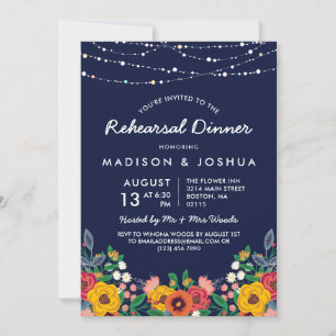Gult Navy Boho Blommigts Stringlight Rehearsal Inbjudningar