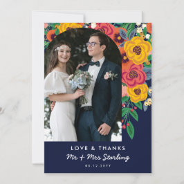 Gult Navy Boho Flowers Arch Bröllop Photo Tack Kort