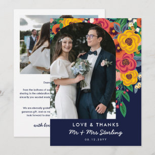 Gult Navy Boho Flowers Arch Bröllop Photo Tack Kort