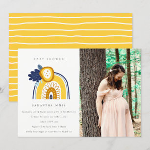 Gult Navy Flora Rainbow Photo Baby Shower Inbjudan