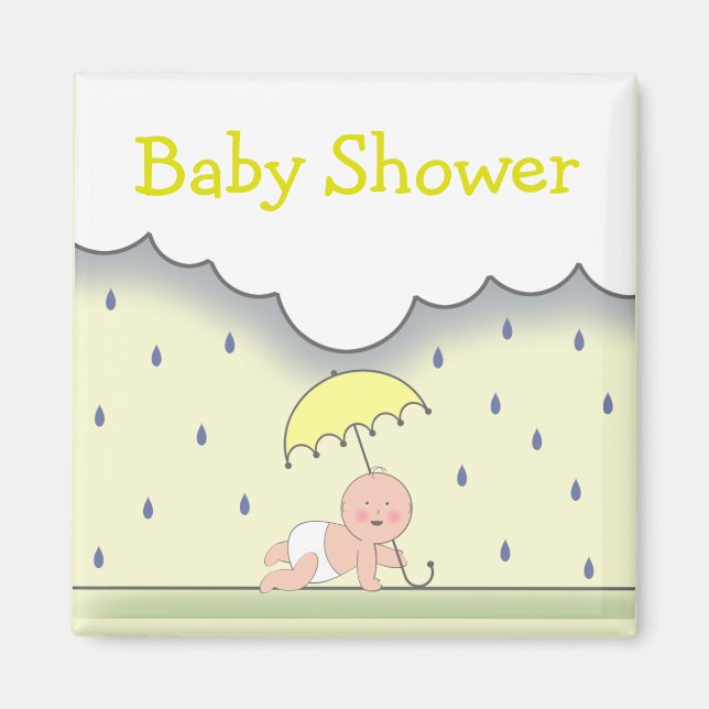 Gult Neutralt Baby Shower Magnet- Rain & Umbrella Magnet (Framsidan)