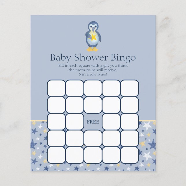 Gult North Star Penguin Baby Shower Bingo Game (Framsida)