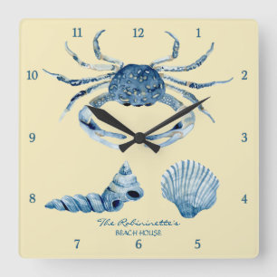 Gult Ocean Crab Seashells Nautical Beach House Fyrkantig Klocka