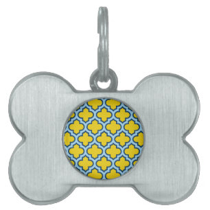 Gult och Baby blue trellis, Lattice, Quatrefoil ID-bricka Husdjur