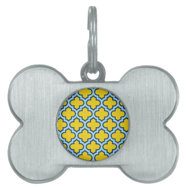 Gult och Baby blue trellis, Lattice, Quatrefoil ID-bricka Husdjur (Framsidan)