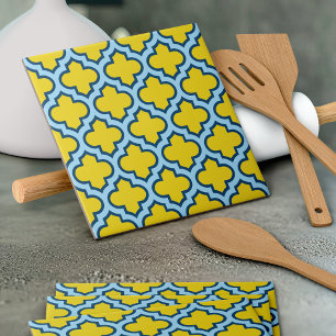 Gult och Baby blue trellis, Lattice, Quatrefoil Kakelplatta