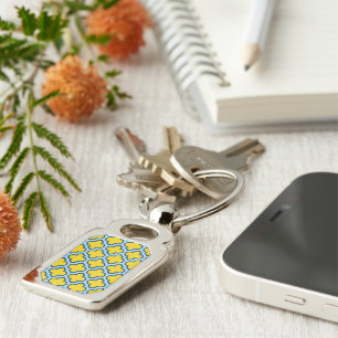 Gult och Baby blue trellis, Lattice, Quatrefoil Rektangulärt Silverfärgad Nyckelring
