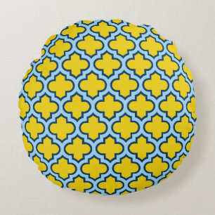 Gult och Baby blue trellis, Lattice, Quatrefoil Rund Kudde