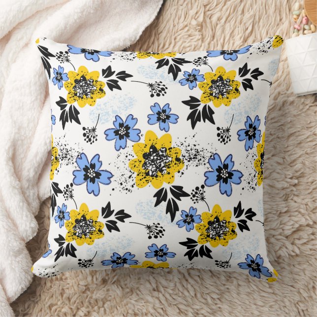 Gult och blå Blommigt Dekorativ kudde, dekorfärg Kudde (Filt)