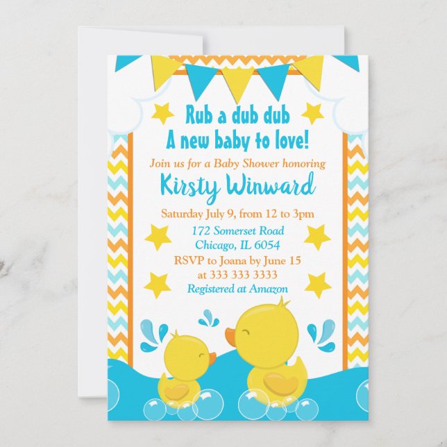 Gult och blå gummi Ducky Polka Dot Baby Shower Inbjudningar (Framsida)