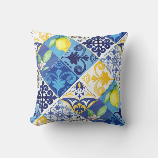 Gult och Blå lemon blommigt Pillow. sicilianska Kudde (Framsida)
