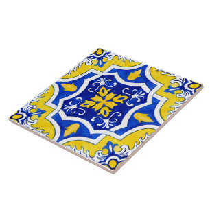 Gult och blå portugisisk keramik Tile. Kakelplatta