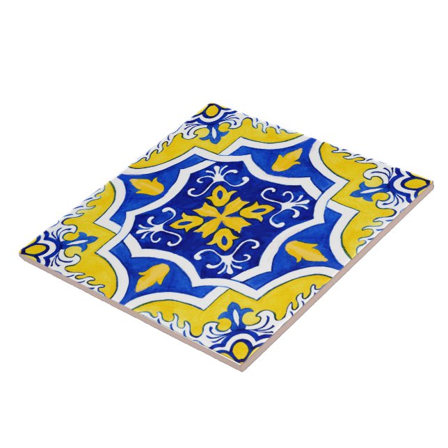 Gult och blå portugisisk keramik Tile. Kakelplatta (Sidan)