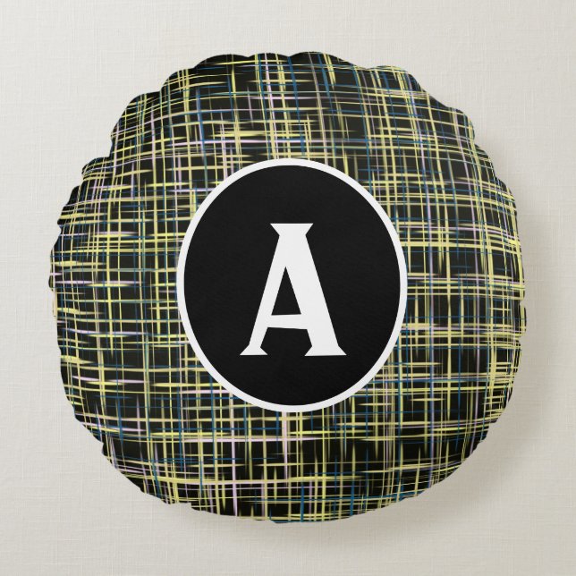 Gult och blå rutnätsAbstrakt Brev Rund Kudde (Framsidan)