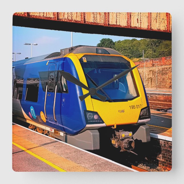 Gult och blå tåg fyrkantig klocka (Framsida)