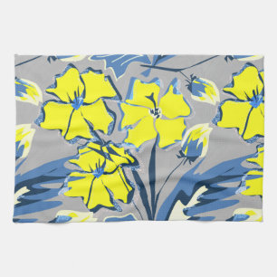 Gult och blåa blommor med gnistor. kökshandduk